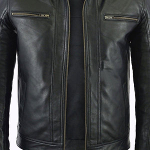 Veste de moto en cuir véritable pour homme, col montant, fermeture éclair, coupe ajustée, style motard, pour l'automne - Product Image 3