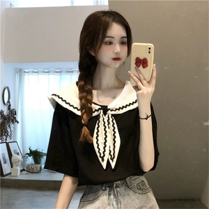 เสื้อฮู้ดผู้หญิง คอปกกะลาสี เสื้อยืดผู้หญิงทรงหลวม สไตล์น่ารัก เสื้อผ้าแบบต่อผ้า ดีไซน์เนอร์มืออาชีพ เสื้อฮู้ดสไตล์มินิมอล - Product Image 3