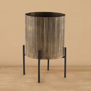 Modern Gold Ribbed Metal Planter with Black Iron <b>Stand</b> Indoor Decorative Plant <b>Pot</b> - Product Image 1