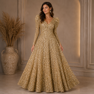Womens Gold <b>Sequin</b> Ball Gown V Neck Long Sleeve Puff Shoulder Sparkly Formal Evening Wedding Prom Party Princess Floor Length - Product Image 2