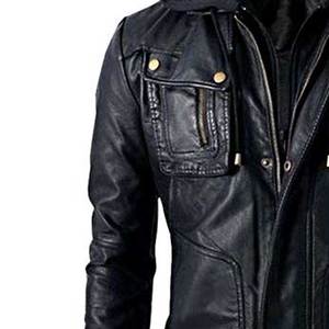 Men's Black PU Leather Hooded <b>Jacket</b> Moto <b>Biker</b> Style Zipper Closure Slim Fit Solid Color Autumn Wear - Product Image 5