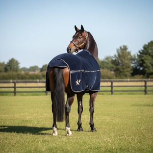 Manta para Caballo Azul Marino con Ribete Dorado, Marca Star Chem, Suave, Cómoda, Impermeable, para Doma, Uso en Todas las Estaciones, Elegante Ropa para Establos - Product Image 2