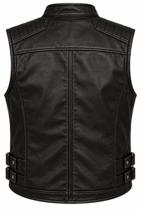 <b>Men's</b> Black PU <b>Leather</b> Moto <b>Vest</b> Stand Collar Zipper Closure Solid Color Plus Size Outerwear Regular Fit - Product Image 2