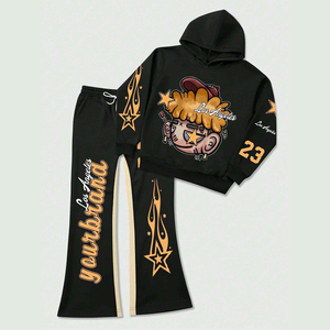 Custom Unisex Streetwear Hoodie Cartoon & Flame Print Long Sleeve Top Drawstring Contrast Color Sweatpants Tracksuit <b>Set</b> - Product Image 3