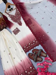New TENNECY Designer <b>Wedding</b> Party Wear Wrinkle-Free Reversible Georgette Embroidery Thread Work <b>Top</b> Plazzo Dupatta Set Quick - Product Image 5