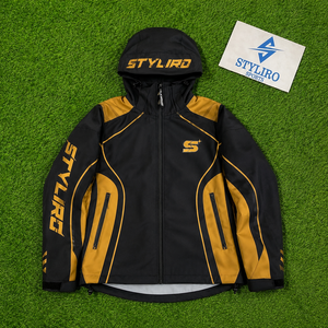 เสื้อแจ็คเก็ตมอเตอร์ไซค์มีฮู้ดสำหรับผู้ชาย Styliro กันลม กันน้ำ สปอร์ต สีดำเหลือง แต่งลายปัก ปิดด้วยซิปด้านหน้า - Product Image 1