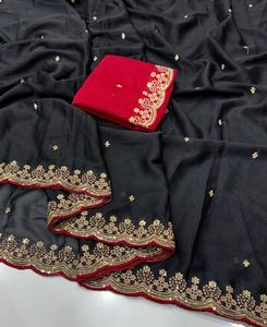 Nuevas llegadas: Saree de seda georgette multicolor con estampado en relieve y blusa a juego, de secado rápido, casual, para todas las estaciones. - Product Image 3