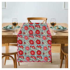 Modern Hand Block Floral Print Beautiful Indian Cotton Fabric Embroidery Edge <b>Table</b> <b>Runner</b> For Hotel Home Decor Farmhouse Style - Product Image 4