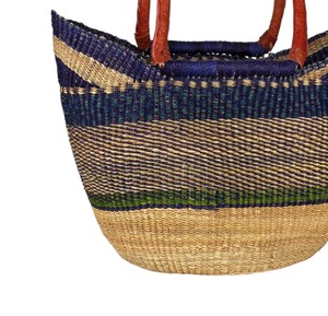 Bolso de mano de paja tejida con rayas azules y asa de cuero, estilo tote, para mujer, moda de verano, para playa, OEM ODM - Product Image 4