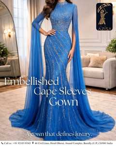 Robe de soirée sirène bleue avec manches cape, dentelle perlée, longueur ras du sol, robe de soirée avec soutien-gorge intégré - Product Image 4