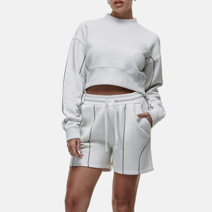 Conjunto de Sudadera Corta Blanca para Mujer, Pantalones Cortos Casuales de Felpa, Cuello Redondo, Manga Larga, Diseño Sólido, Transpirable, Ropa de Primavera - Product Image 3