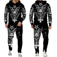 Setelan Hoodie & Celana Pria Ramah Lingkungan Motif Tengkorak Gothic Acid Wash, Bahan Katun Bernapas, Cocok untuk Musim Dingin