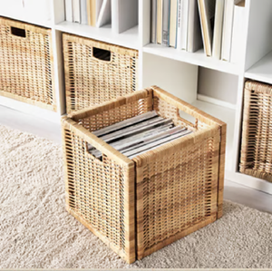 Natural rattan <b>cube</b> storage <b>basket</b> designed with open-slat corner framing and cut-out handles, sized for shelving units. - Product Image 1