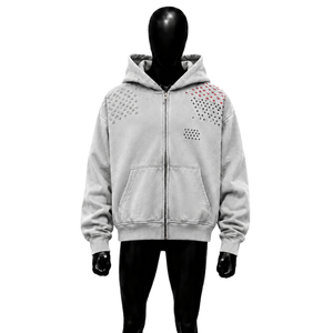 Sweat à capuche zippé gris clair oversize avec motif croisé abstrait en molleton délavé, style streetwear décontracté unisexe, en coton, en promotion - Product Image 1