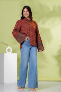 Women <b>Rust</b> Printed Shirt <b>Top</b> Ethnic Casual Button Down Ladies Tunic with Bell Sleeves - Product Image 4