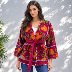 SUJANI JACKET RT 2 Velvet Floral Embroidered Bomber Jacket Women's Full Sleeve V-Neck Belted Spring Reversible Eco-Friendly - Product Image 1