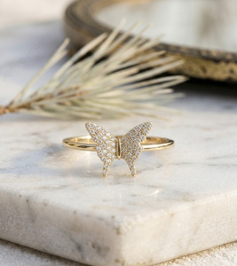 14K Gold Plated Sterling Silver Lab Grown VVS1 <b>Diamond</b> Butterfly Statement <b>Ring</b> Dainty Animal Design GRA Certified for Women - Product Image 3
