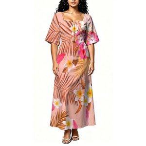 Robe longue tendance pour femme à imprimé floral Frangipani Samoa, col carré, boutonnée sur le devant, manches courtes, taille haute - Product Image 3