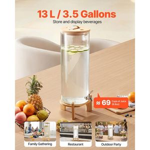 Dispenser per Bevande da 3,5 Galloni con Rubinetto in Acciaio Inox, Dispenser per Succhi in Vetro, Supporto in Legno, Kit per Feste con Ghiaccio - Product Image 2