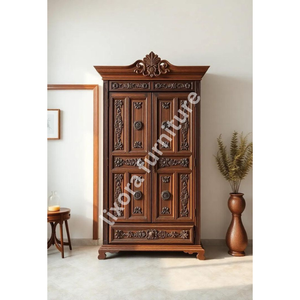 Luxury Handcrafted Solid Wood 2 Door <b>Wardrobe</b> Ornate Botanical Carving Premium Dark Walnut Armoire - Product Image 5