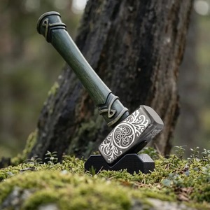 Marteau Viking avec gravure Triskelion, face rectangulaire, poignée texturée, manche en bois, design antidérapant - Product Image 6