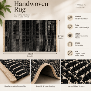 Alfombra de Entrada Rectangular de Lana/Seda con Patrón Geométrico, Estilo Bohemio, Tejida a Mano, Grosor Medio, Ecológica, Lavable, para Exteriores, Color Negro - Product Image 3