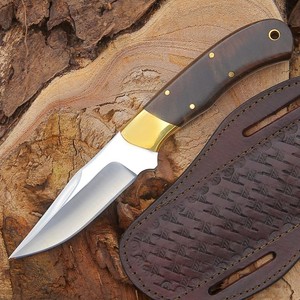 มีดสแตนเลสสตีลคมกริบ 58 HRC ใบมีดแบบ Fixed Blade ปลายแหลม สำหรับงานอุตสาหกรรม/ล่าสัตว์ ด้ามจับทำจากไม้พะยูงและทองเหลือง - Product Image 1