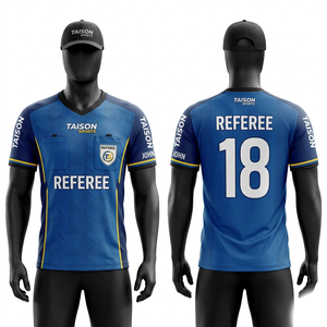 เสื้อกรรมการฟุตบอลพรีเมียม โพลีเอสเตอร์ 160 GSM ระบายอากาศได้ดี ดีไซน์สีน้ำเงินแบบแผง  รับสกรีนโลโก้ด้วยเทคนิค Sublimation - Product Image 1