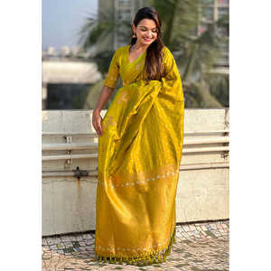 Elite Weaves Dual Zari Woven Green Soft <b>Silk</b> Saree with Deer Border Mehendi Styled <b>Silk</b> <b>Shawl</b> - Product Image 1