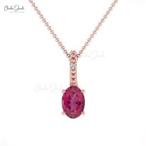 Colgante de oro macizo de 14k con turmalina rosa ovalada de 6x4mm y diamante G-H con engaste oculto, proveedor popular al por mayor - Product Image 2