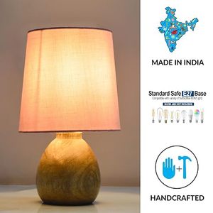 <b>Rustic</b> Wood <b>Table</b> Lamp Linen Shade Teardrop Base <b>Bedside</b> Night Light Farmhouse Home Decor - Product Image 4