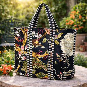 Sac fourre-tout en coton à imprimé floral Black Bird, grand sac à main, sac de courses réutilisable, écologique, léger, pliable, avec fermeture éclair - Product Image 1