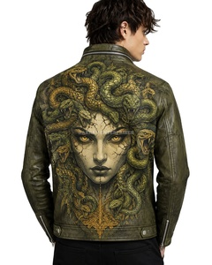 Chaqueta de Cuero Verde Oliva Personalizada al por Mayor para Hombre, Estilo Motero, con Gráfico de Medusa, Estampado Punk Rock, Chaqueta Moto con Medallón Grabado, Prenda Exterior - Product Image 1