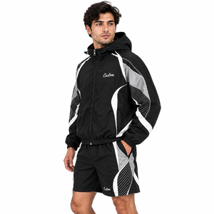 Ensemble de survêtement athlétique Y2K pour homme avec broderie, coupe-vent en nylon à bandes réfléchissantes, sweat à capuche et short streetwear - Product Image 2