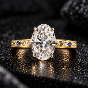 Bague en diamant de laboratoire ovale taille brillant de 2 carats certifiée IGI, avec halo caché, bande en or gravée et pierres d'accentuation bleues - Product Image 1