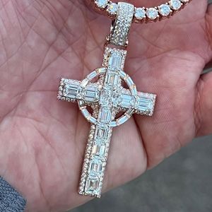 Luxury Rose Gold Cross Pendant Necklace Moissanite Baguette Cut Channel Setting Religious Christian Unisex <b>Rope</b> <b>Chain</b> - Product Image 6