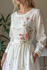 Floral Embroidered <b>Boho</b> <b>Dress</b> Nature-Inspired Floral Embroidery <b>Long</b> Sleeves Soft Breathable Linen Ethereal White Gown - Product Image 2