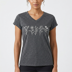 Camiseta de Mujer con Estampado Floral Personalizado, Cuello en V, Algodón Liso, Manga Corta, Corte Ajustado, Fabricante de Tops con Gráficos Femeninos - Product Image 2