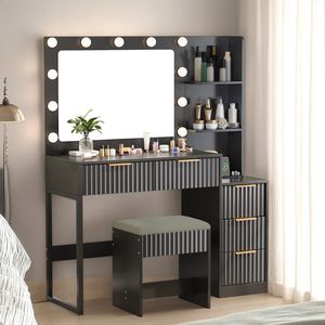 Set Toeletta con 5 Cassetti e 2 Ripiani, Finitura Melaminica Nera, in Truciolato, con 11 Lampadine Tricolore e Multipresa, per Trucco - Product Image 1