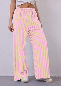 Pantalon à rayures avec cordon de serrage 100% coton Pantalon ample à jambes larges Pantalon décontracté à taille basse Pantalon de salon confortable avec poches - Product Image 3