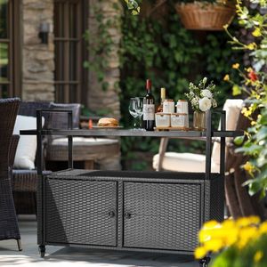 Large Outdoor Wicker Bar Cart Rolling Wheeled Patio Furniture with Glass Top Storage Cabinet Island Buffet Serving Cart - Product Image 4