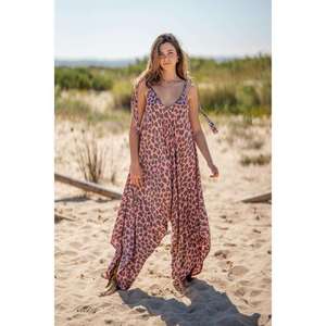 Women Leopard Print Cotton Jumpsuit <b>Spaghetti</b> <b>Strap</b> V Neck Loose Fit Wide Leg Casual Summer Outfit - Product Image 1