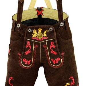 Shorts bavarois en cuir marron pour homme avec broderie rouge et jaune, taille haute, style décontracté, broderie à la main, style bermuda en laine - Product Image 4