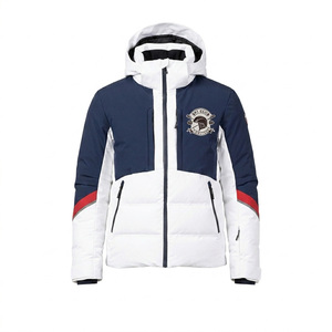 Men's Navy White Hooded Puffer <b>Jacket</b> Color Blocking Embroidered Logo Windproof Winter Sporty Outerwear - Product Image 1