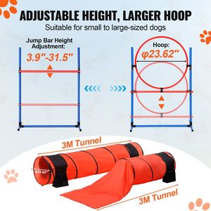 Set di 7 Pezzi per Addestramento Agility Cani: Ostacoli Regolabili, 6 Pali, 2 Tunnel, Anello di Salto, Pause Box, Fischietto - Product Image 4