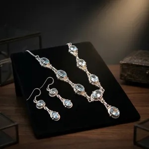 Conjunto de Joyería de Plata de Ley 925 con Topacio Azul, Collar y Pendientes Hechos a Mano para Mujer, Joyería de Piedras Preciosas al por Mayor - Product Image 3