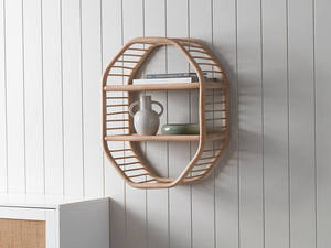 Modern Geometric Rattan wall-mounted shelf Octagon Bamboo Floating Shelf 2-Tier Living Room Hanging <b>Ceramic</b> <b>Vase</b> Storage Rack - Product Image 3