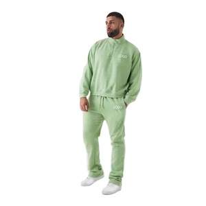 Men's Green Quarter-<b>Zip</b> <b>Hooded</b> Tracksuit 100% Cotton Anti-Pilling Fleece Loose Fit Full Length Solid Color Front Logo Casual - Product Image 6