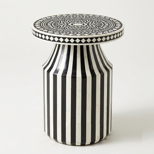 Tabouret en os incrusté, tabouret tambour rayé noir et blanc de luxe, table d'appoint géométrique moderne en nacre et table d'appoint incrustée - Product Image 6