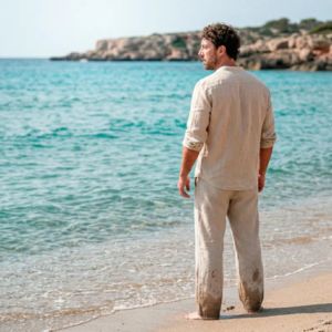 Custom Men's White Linen 2 Piece Set Summer Beach Casual Long Sleeve Henley Shirt - Product Image 4